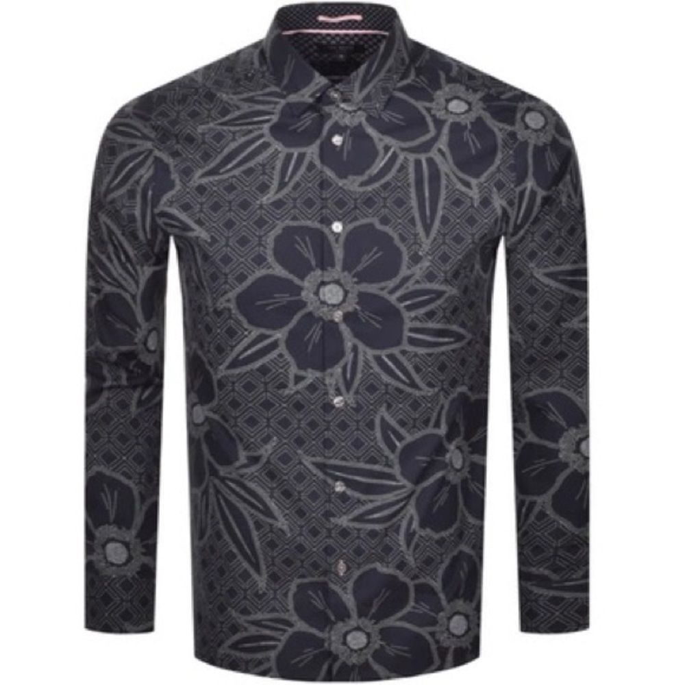 Ted Baker Gogirl Slim Fit Floral Button-up Shirt In Navy Sz 4 Cotton Large